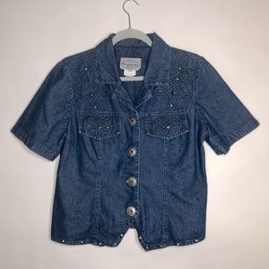 STONEBRIDGE PETITES denim metallic studs top 8P
